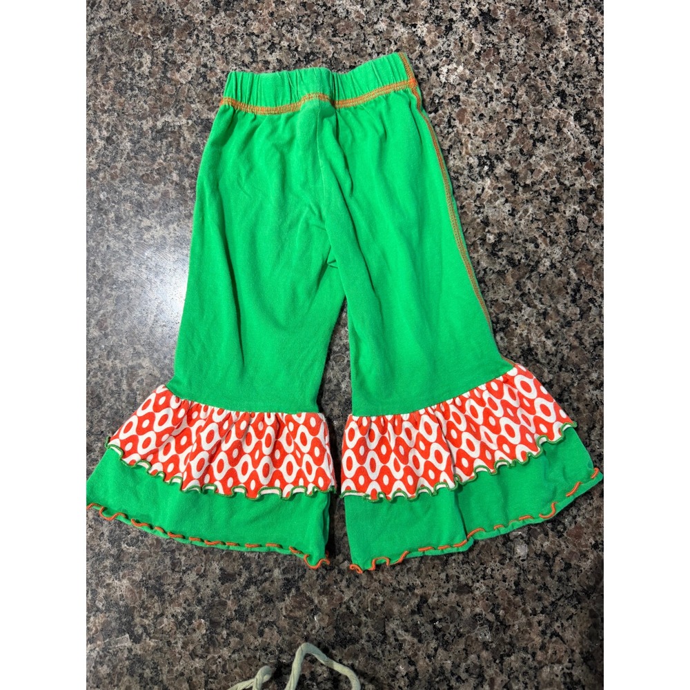 Mis-Tee-V-Us Girls Green Ruffle Bell Bottom Pants‎ Orange Geometric Print 12835